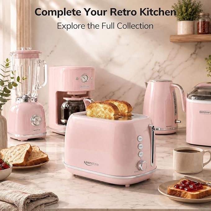2 Slice Toaster Retro Stainless Steel with Bagel, Cancel, Defrost Function and 6 Bread Shade Settings Bread Toaster, Extra Wide Slot and Removable Crumb Tray (Pink)