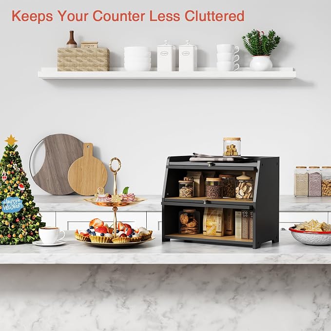 Goozii Large Bread Box for Kitchen Countertop, Black Bread Storage Container for Homemade Bread, Double Layer Farmhouse Breadbox Organizer for Kitchen Counter Cabinet, Pantry, Cupboard (Black)