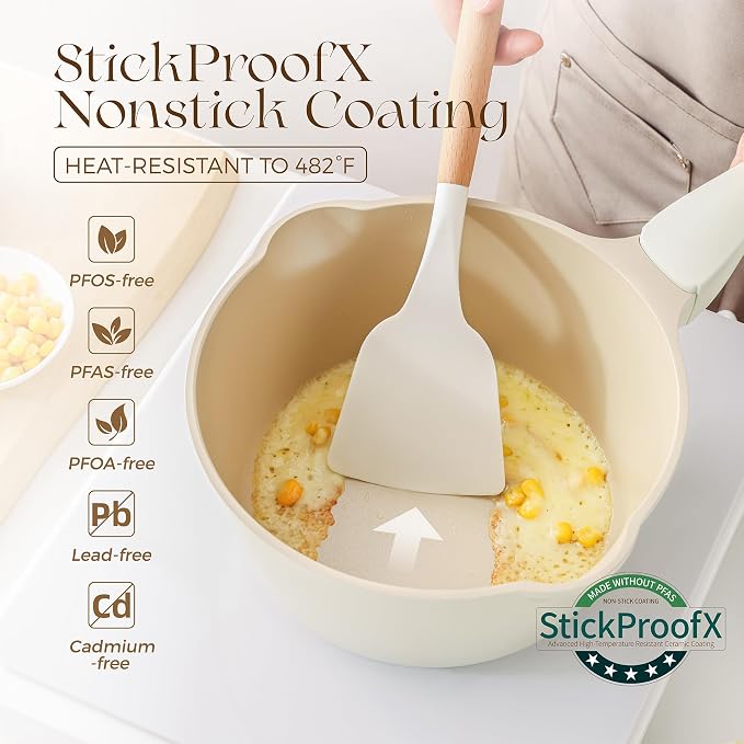 PRICUSIS Ceramic Nonstick Saucepan with Lid, 2.7 Quart Non Toxic Pot with Pour Spouts, Full Coated, 100% Dishwasher Safe, Induction Compatible, PTFE PFAS & PFOA Free, Coconut White