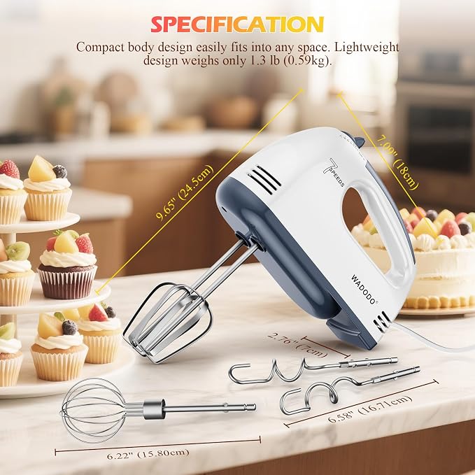 WADODO 7-Speed Electric Hand Mixer – Portable Food Mixer Kitchen Mixer with 304 *(1x Whisk, 2x Beater, 2x Dough hook) for Baking Cakes, Cream, Cookies, WHITE