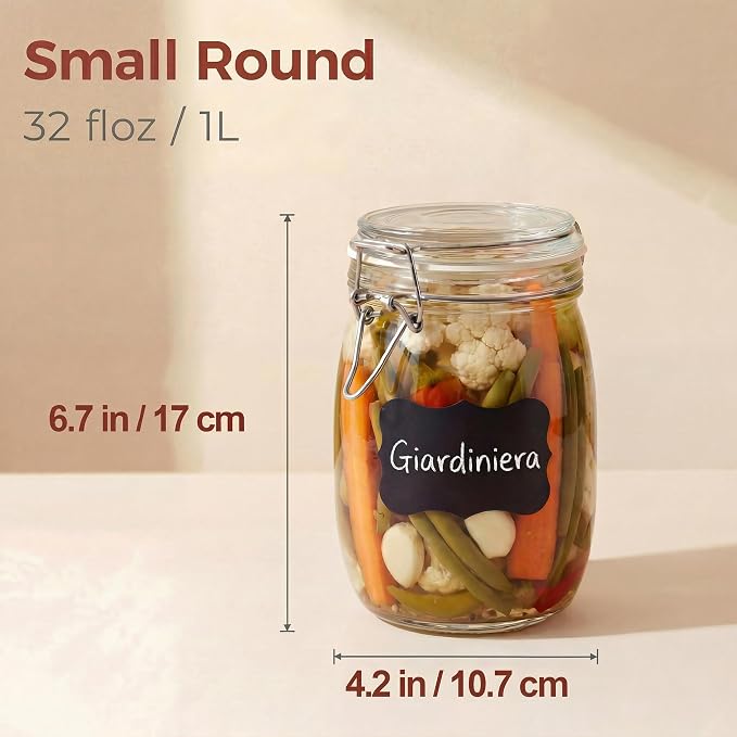32 oz Round Glass Jars with Airtight Lids, 4 Pack Mason Jar with Clamp Lids | Air Tight Glass Food Storage Containers with Lids Keep Food Dry & Fresh, Best Canister for Flour, Sugar, Cereal, Rice, Coffee