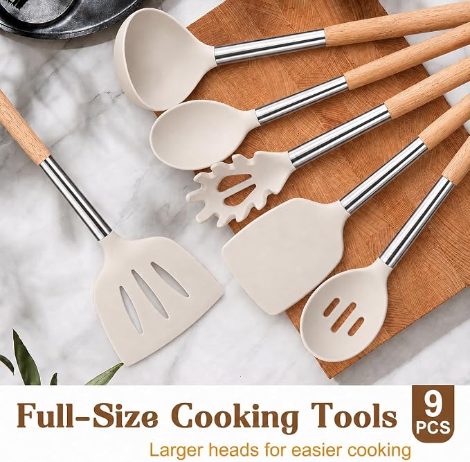 Silicone Kitchen Utensils Set, 9 Pcs Full-Size Non-Toxic Cooking Utensils with Wooden Handles & Stainless Steel Core, Heat Resistant Food Grade Kitchen Gadgets for Nonstick Cookware