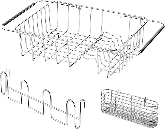 NiuYichee Stainless Steel Dish Drying Rack (15" L X 11" W X 4.1" H), Expandable Drain Rack Over Sink, Dish Drainer Rack in Sink, with Utensil Holder & 4 Hooks Cup Hanger