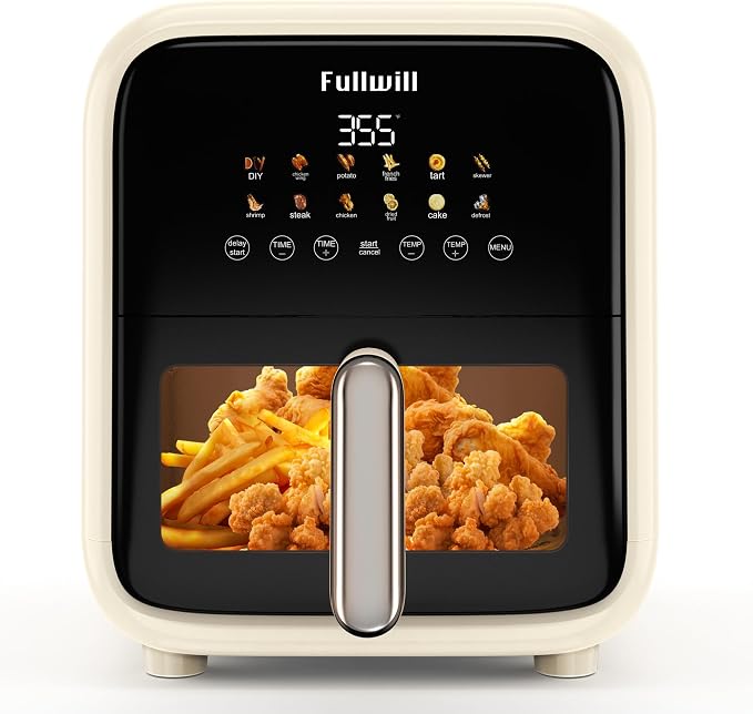 Fullwill Air Fryer with Visible Window, 7.5QT,12-in-1 Multi-Function Air Fry,Roast,Bake, Dehydrate, Fries,Nonstick and Dishwasher-Safe Basket,Family&friends Party,1700W,Creamy White