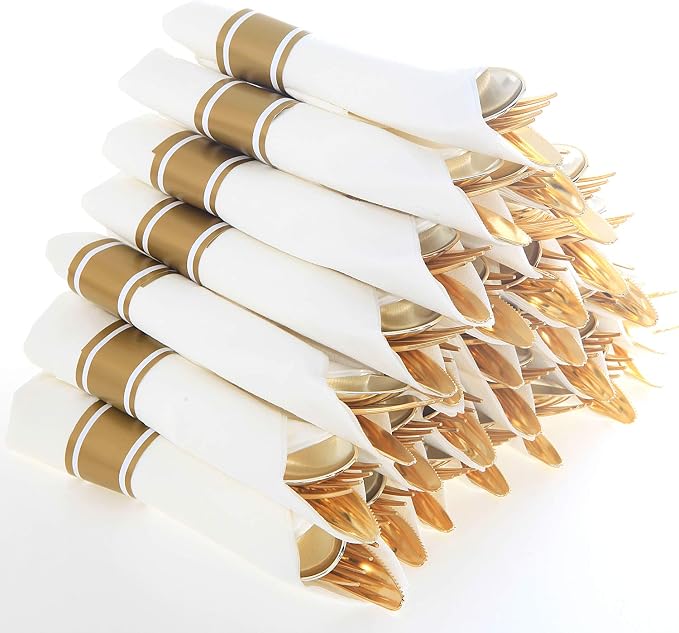 30 Pack Pre Rolled Gold Plastic Silverware, Linen Feel Napkins | Heavy Duty Disposable Wrapped Flatware Cutlery Set for Weddings, Graduation Parties, Upscale Catering & Events