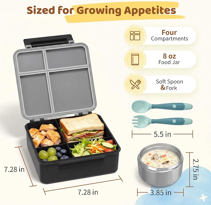 Bento Lunch Box with 8oz Soup Thermo, Kids Leakproof Lunch Food Containers with 4 Compartment, Kids Thermo Insulated Hot Food Jar for School, Trvael (Grey)