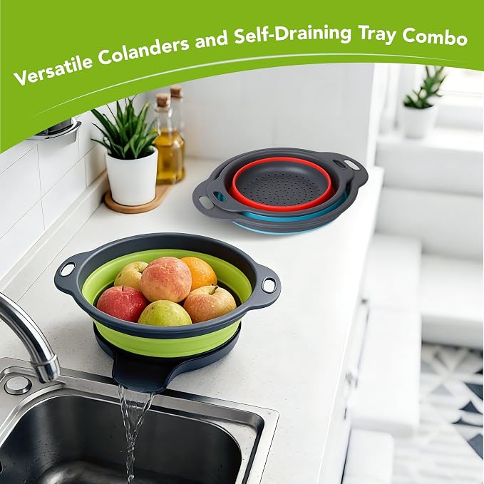 Collapsible Colander Set of 3 with Kitchen Counter Self-draining Base, Round Silicone Food Foldable Strainer for Cooking Pasta, Vegetables and Fruit (3QT, 4QT and 5QT)