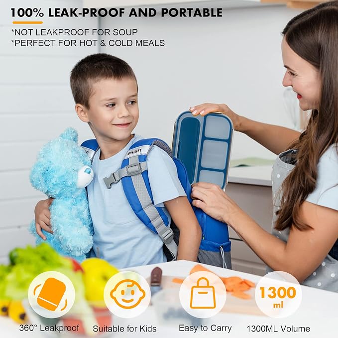 Bento Box for Kids 1300ML with 4 Compartment & Food Picks Cake Cups, Blue | Lunch Box Containers for Adults/Kids/Toddler, Leak-Proof, Microwave/Dishwasher/Refrigerator Safe, BPA Free