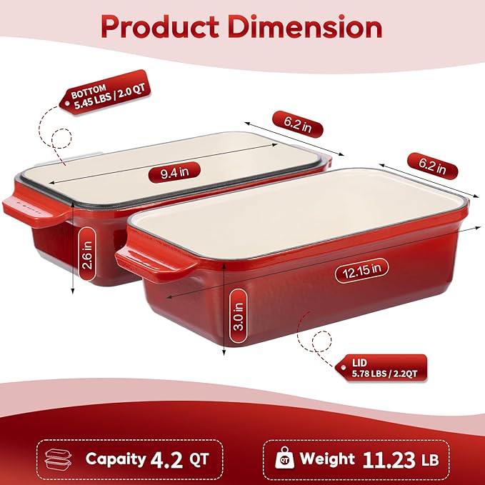 Enameled Cast Iron Dutch Oven for Sourdough Bread Baking, 9×5 Dutch Oven Pot with Lid, 2 in 1 Bread Pans with Lid for Baking, Roasting & Braising, Easy Release, Oven & Induction Safe (4.2 QT,Red)