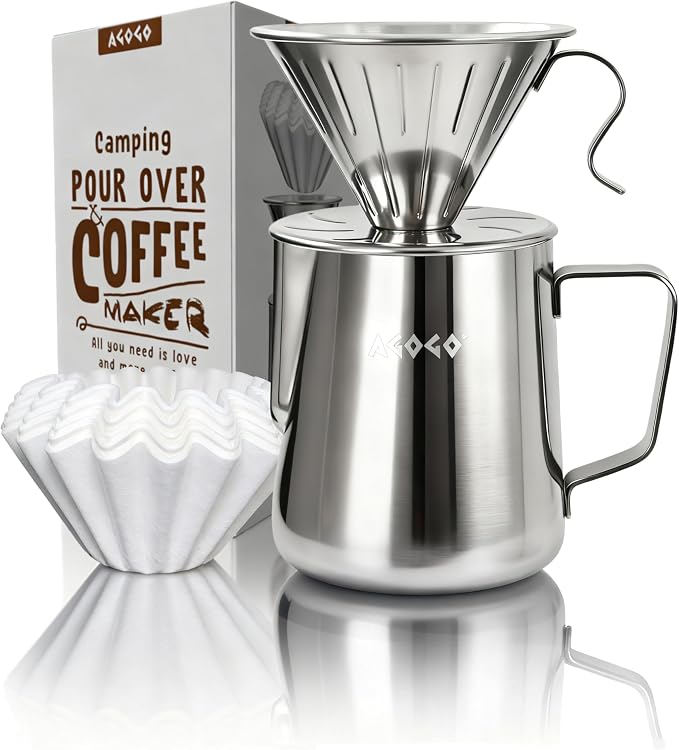 AGOGO Stainless Pour Over Coffee Maker Set, 50 Paper Filters, 30oz, Sliver | Unbreakable carafe for kitchen RV camp and office, includes barista towel, lead-free food grade 304 stainless steel