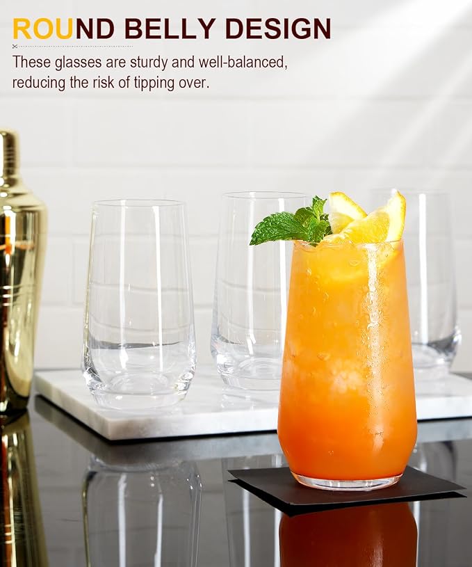 Drinking Water Glass Cups Set,Crystal Clear tall Glass cups set of 6,16.2oz