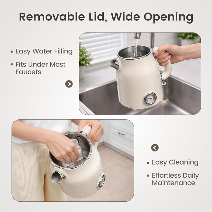 Mecity Retro Electric Kettle 1.7L, Stainless Steel Interior, Food-Grade Silicone Water Contact, Double Wall Cool Touch, 1500W Fast Boil, Thermometer (°F/°C), Wide Opening, Cream