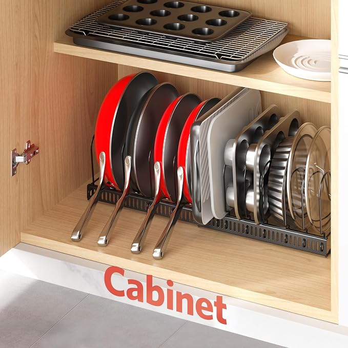 Pots and Pans Organizer under Cabinet, 11.8-22.8" 12 Dividers Black | Extends 11.8-22.8", Holds pot lids, pans, cookware and bakeware, Adjustable dividers, for under cabinet or countertop