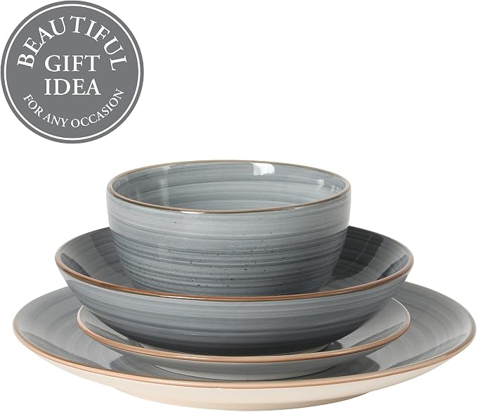 Gibson Home Stonebury 16 Piece Plates and Bowls Blue Dishes - Handpainted Stoneware Dinnerware Set - Service for 4