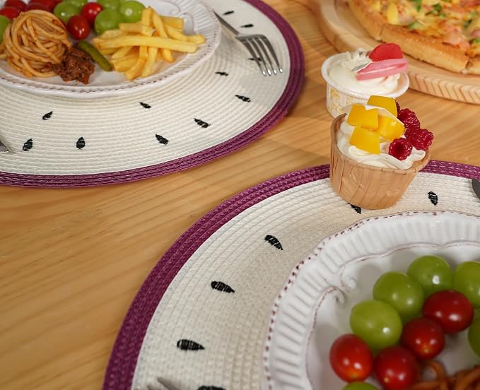 Zupro Round Placemats Set of 6,15inch Fruit Embroidered Table Mats Heat Resistant Non-Slip Washable,for Kitchen Dining Tables Four Seasons Dinner Parties Thanksgiving and Everyday Use.Pitaya White