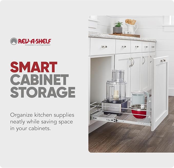 Rev-A-Shelf Steel Wire Pullout Drawer Organizer Shelf for Kitchen Cabinets, Slide Out Storage Basket, Min Opening Width of 17.5", 18" x 20", 5WB1-1820CR-1