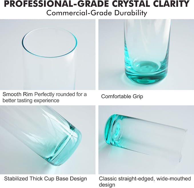 Green Highball Glasses Set of 6, Drinking Glass for Mixed Drink | 13oz ,Cups for Cocktail, Beer, Mojito, Water and Juice,Thick Tall Glassware for Kitchen, Restaurant, Home Bar and Parties