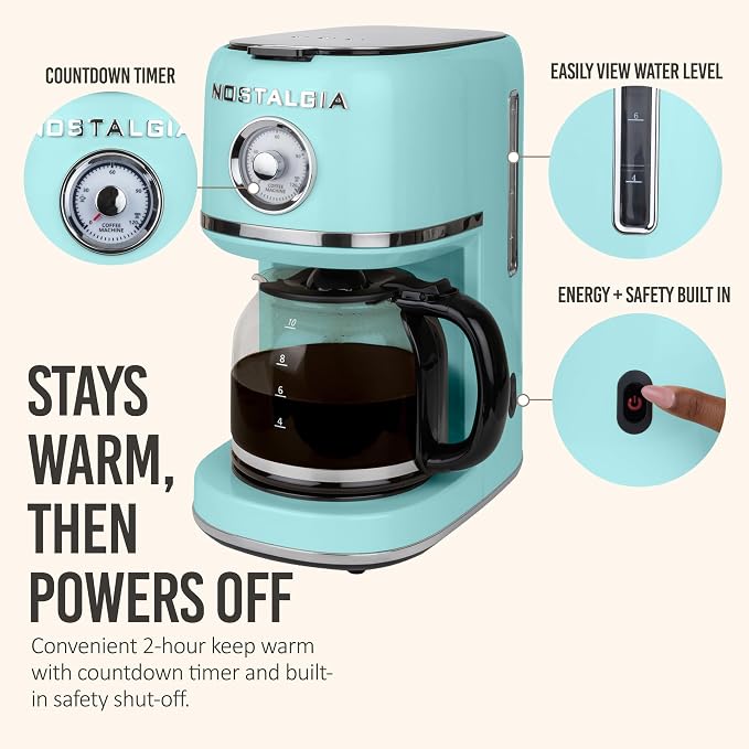 Nostalgia Classic Retro 10 Cup Coffee Maker - One-Touch Drip Brew, Reusable Filter - Anti-Drip, Auto Shutoff, & Time Display - Dishwasher Safe 50 oz Carafe - Aqua