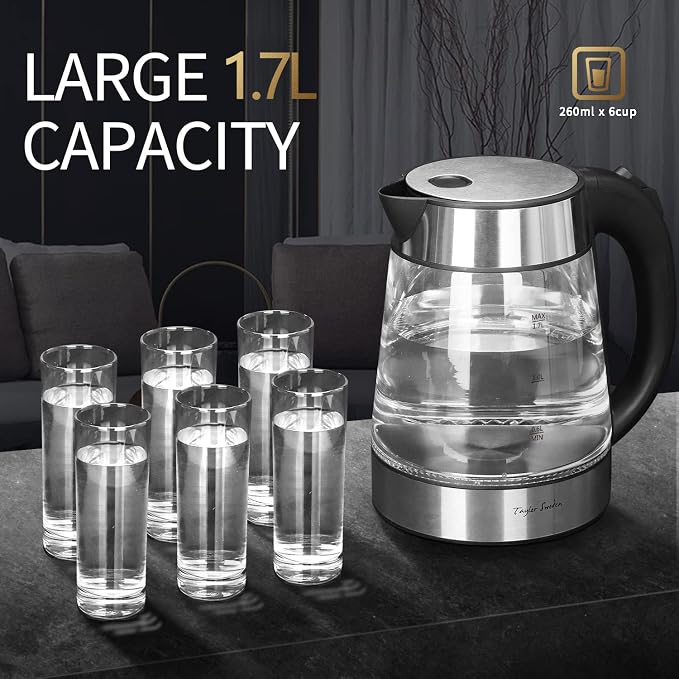 Taylor Swoden 1.7L Electric Tea Kettle, Glass Hot Water Boiler for Tea | Fast Boiling Electric Kettle Cordless Water Boiler with Auto Shutoff & Boil Dry Protection, Glass & Stainless Steel