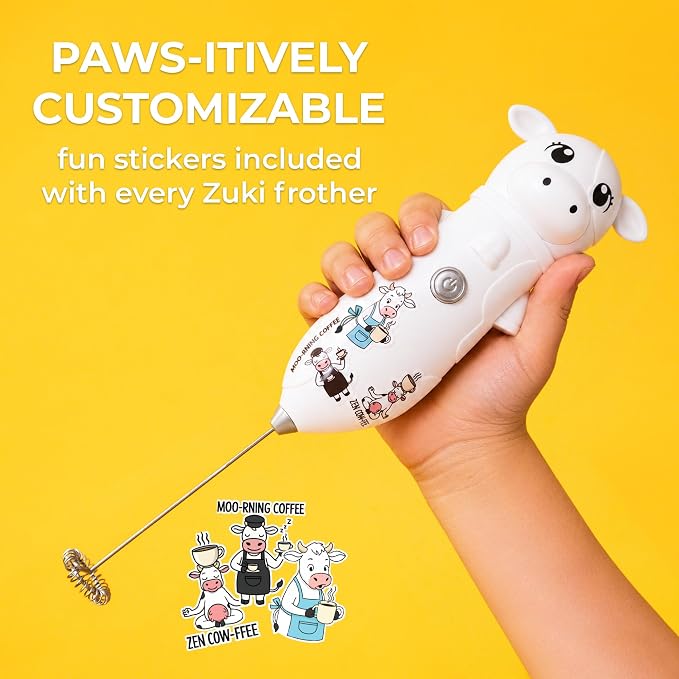Zulay Kitchen Cow Milk Frother Wand – Cutesy Frother, Meet Your New Frothing Buddy Daisy The Cow, Adoption Papers and Stickers Included, Purrr-fect for Lattes, Cappuccino & Matcha – White