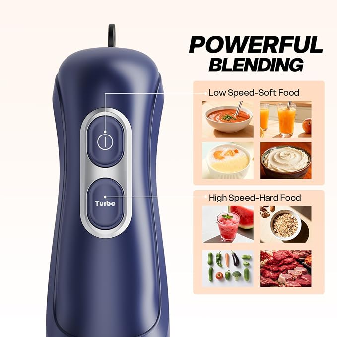 Turelar Immersion Blender Corded 400W, 2 Speed, Emulsifier, Blend, BPA-Free | Hand Blender Stick Mixer, Ergonomic Handle, Stainless Steel Blades, Effortless Blending for Soup, Smoothies, Puree, Baby Food