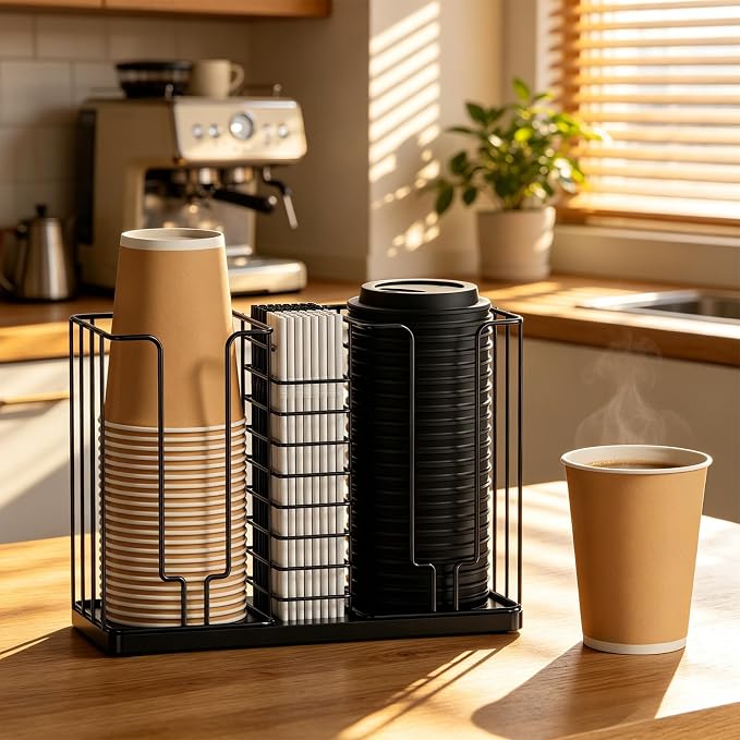 Coffee Cup and Lid Holder, All-Metal 3-Compartment Organizer Rack | 18oz Disposable Cup, Cup Lid and Straw Storage for Countertop, , Kitchen, Office Breakroom, Coffee Bar Accessories, Black