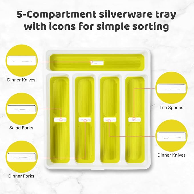 5-Compartment Silverware Organizer Tray with Icons for Kitchen Drawer | Non-slip TPR Linings，5-Compartment，High-quality Plastic，Fits Well In Standard Drawers，With Cutlery Icons