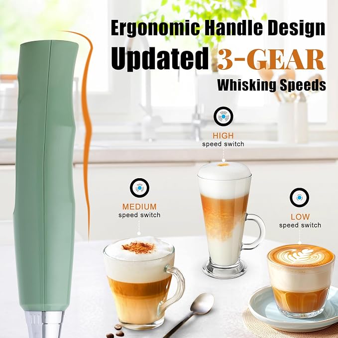 Nahida Granite Green Milk Frother Wand for Coffee, Frother Handheld Rechargeable Electric Whisk with 3 Heads 3 Speeds Drink Mixer Coffee Frother Foam Maker For Latte, Cappuccino, Hot Chocolate, Egg