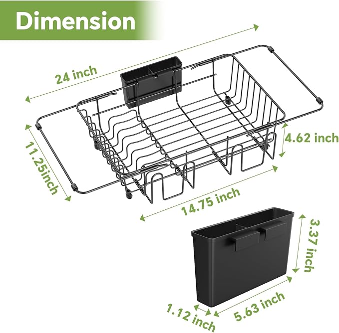 Simple Trending Expandable Dish Drying Rack in Sink, Black | Adjustable Dish Rack with Utensil & Cup Holder for Kitchen Counter, Dish Drainer Inside Sink, Over the Sink, Non-Slip Feet
