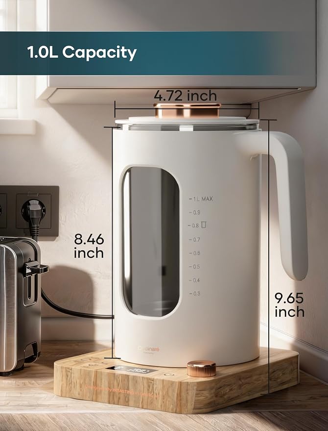 INTASTING Electric Kettle, Electric Tea Kettle with Infuser, 1 Liter | ±1℉ Temperature Control, 1200W Fast Heating, BPA-Free Glass, Easy to Clean, Keep-warm, Auto shut-off, Cream