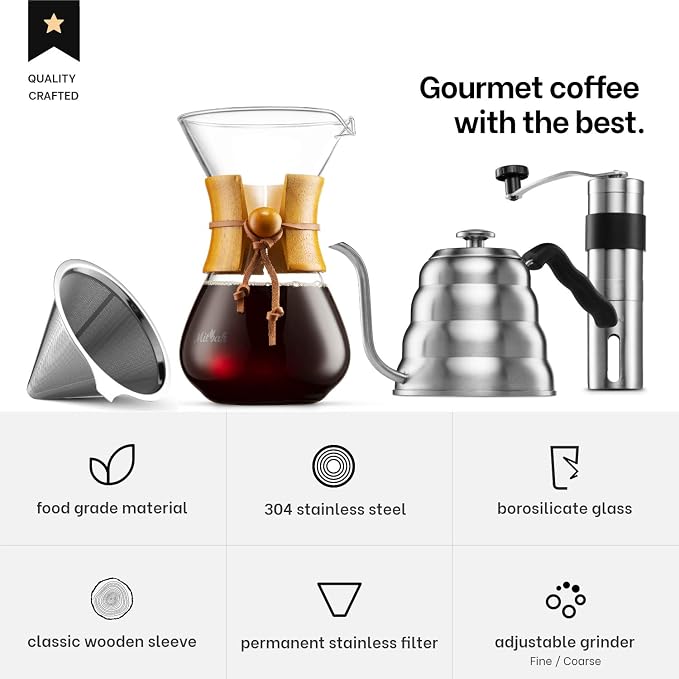 Pour Over Coffee Maker Set | Kit Includes 40 OZ Gooseneck Kettle with Thermometer, Coffee Mill Grinder & 20 OZ Coffee Dripper Brewer | Great Replacement for Coffee Machines
