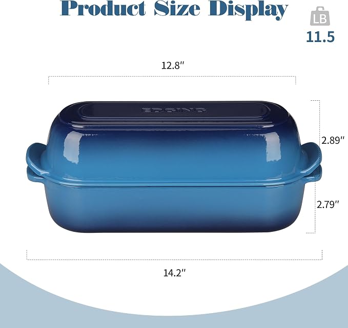 EDGING CASTING Enameled Cast Iron Loaf Pan with Lid, Bread pan, Dutch Oven Bread pan for Homemade Sourdough Bread Baking, 12.5x5.5 inch, 5qt, Lake Blue