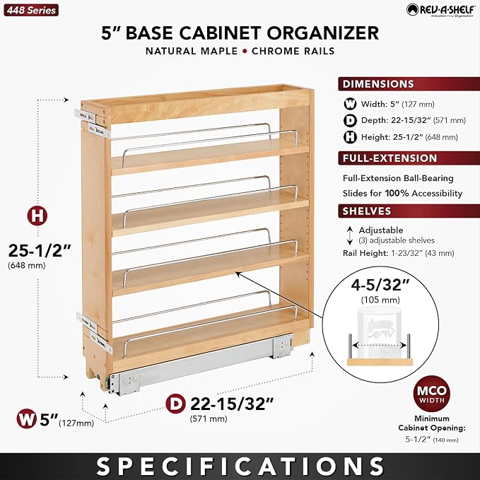 Rev-A-Shelf Pullout Kitchen Cabinet Organizer, Min Cabinet Opening 5.5" W | 5" W Slide Out Pantry Spice or Utensil Storage Rack with Adjustable Shelves for Base Cabinet Organization, 448-BC-5C