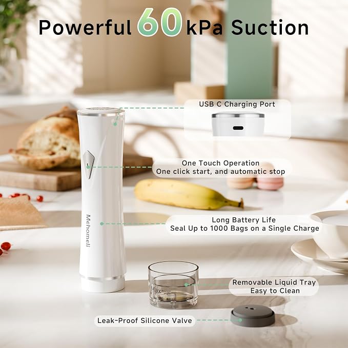 Compact Handheld Vacuum Sealer for Food with 10 Reusable Bags | Powerful 60 kPa suction, Keeps food fresh up to 6X longer, Cordless handheld design, Ideal for meal prep and food storage