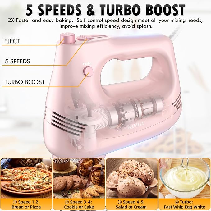 GUALIU Electric Hand Mixer, 304*(2* Beaters, 2* Dough Hooks), (1* Storage Bag) Handheld Mixer for Baking Cakes, Eggs, Cream Food Mixers, Turbo Boost /5 Speed Kitchen Blender PINK