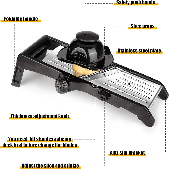 -BINGBING- Mandoline Slicer for Kitchen, 7-in-1 Adjustable Vegetable Slicer | Stainless Steel Food slicer, Adjustable Blade, Slices, Julienne, Waffle and French Fries Cut, Includes Gloves and Brush