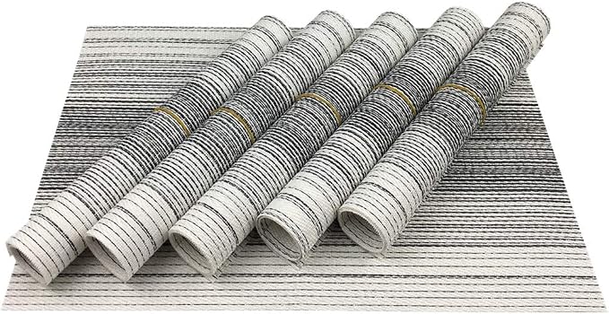 WAZAIGUR Placemats Set of 6, Woven Vinyl Table Placemats, Black with White | Placemat, Blending Color Durable Washable Place Mats Indoor Outdoor Heat-Resistant Anti-Skid Kitchen Dining Table Mats