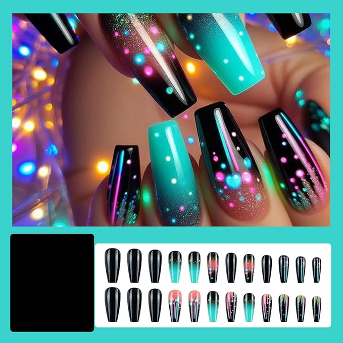 24Pcs Black Press on Nails Square WLGDLH Medium Coffin Fake Nails Press ons Nail Art Tips with Neon Gradient Design Cute Glossy False Nails Full Cover Repeatable Glue on Nail for Women 24Pcs