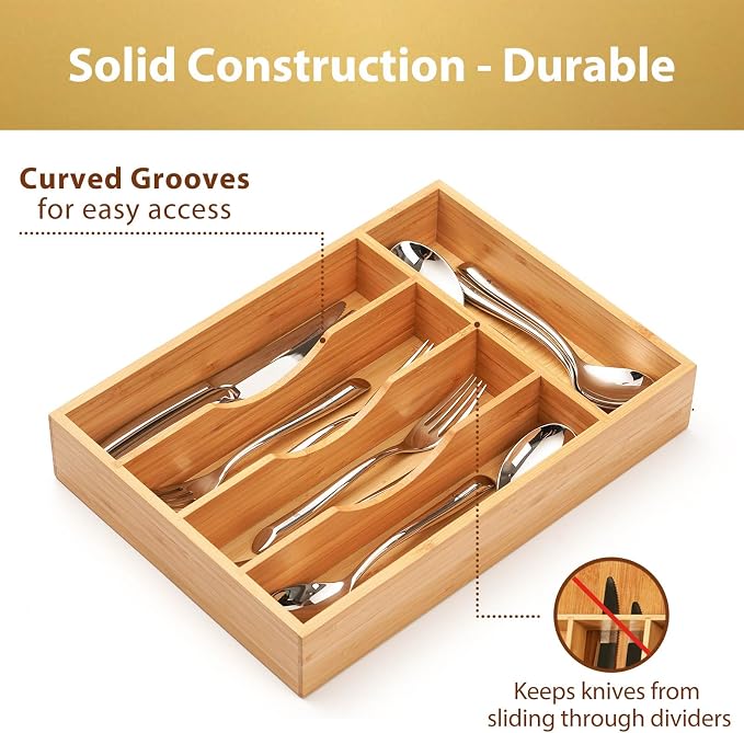 Bamboo Kitchen Drawer Organizer, 9 Inch Silverware Utensils Tray Holder for Small Drawer, Wood Caddy for Flatware Cutlery Knives