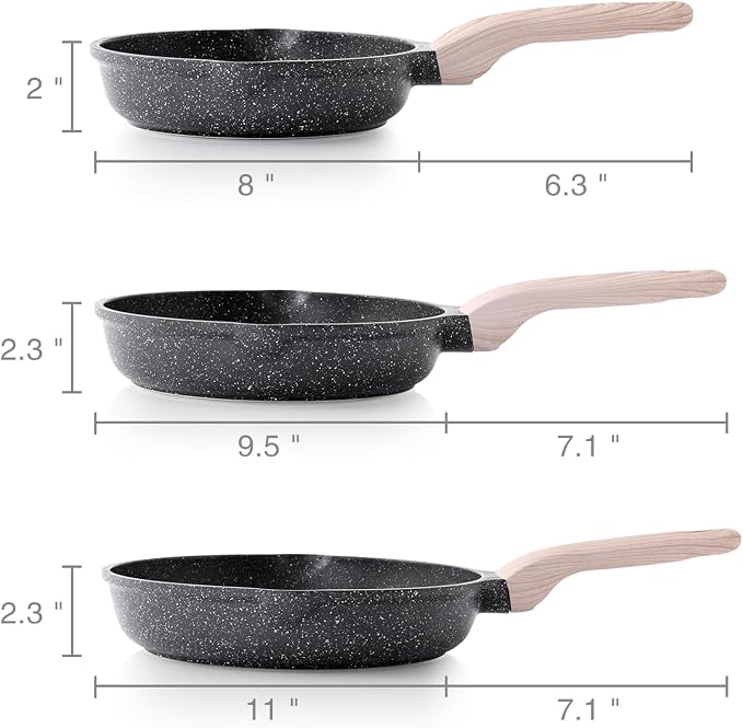 Kordisen Nonstick Frying Pan Set, 3 Piece Skillet Set, Healthy Induction Cooking Pan, Stay-Cool Handle, Compatible with All Stovetops, PFOA Free (8, 9.5, 11 Inch)