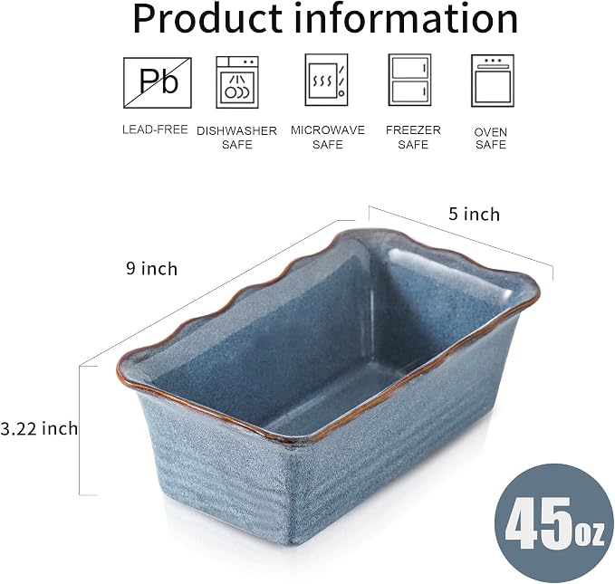 HVH Ceramic Loaf Pan for Baking Bread, Rectangular Baking Bread Loaf Pan, 9 x 5 inch Bread Pan, Bread Baking Pan for Cooking, Wave Series, Farmhouse Style (Wabi sabi)