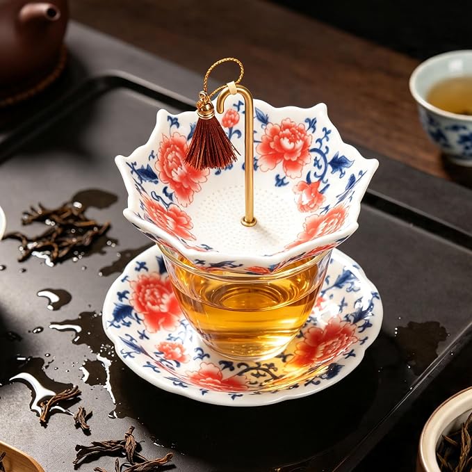 Blue and White Porcelain Umbrella Tea Infuser, Rotating Ceramic Loose Leaf Tea Strainer Filter with Base, Fine Mesh Tea Filter for Home Tea & Coffee Brewing, Unique Decorative Tea Gift (Red)
