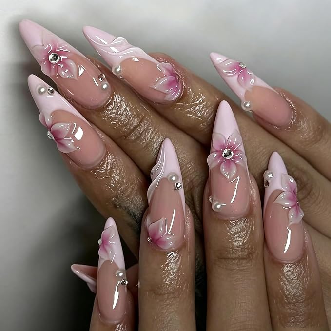 Handmade Press on Nails Long Stiletto Nails Press on with 3D Flower Charm Design Pink French Tips Stick on Nail Hand Made Glossy Fake Nail Luxury Pearl False Nails for Women (M)