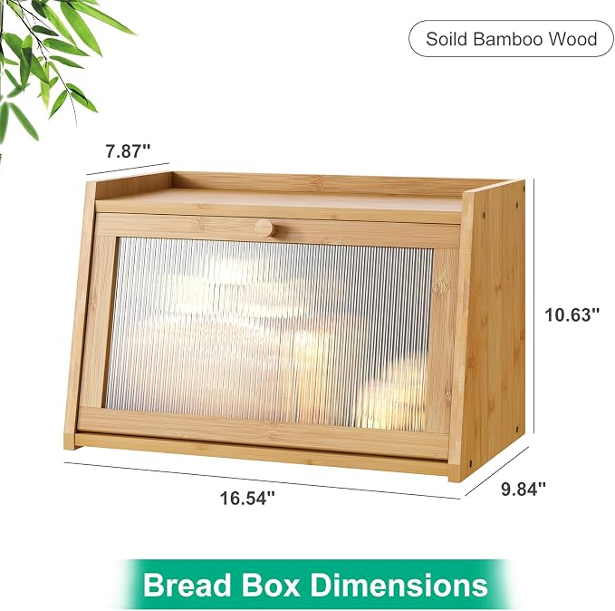 kiplant Bread Box for Kitchen Counter, Large Bamboo Bread Storage Container with Wavy Arcylic Door, Bamboo Wooden Farmhouse Bread Box for Your House (Natural, Medium)