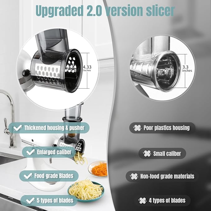 Stainless Steel Slicer Shredder Attachments for KitchenAid Stand Mixers | Vegetable Shredder, Cheese Grater, Salad Maker, Food Slicers Chopper Grinding Powder Accessories, Detachable 5 Blades