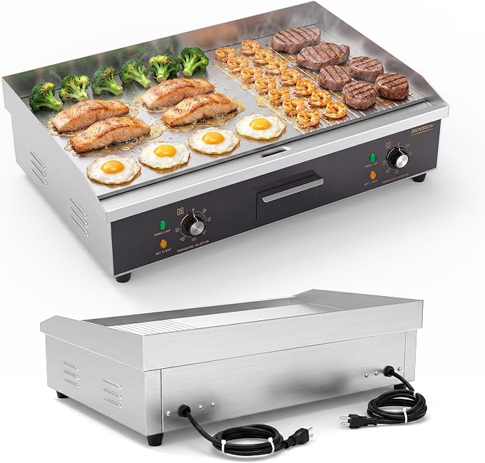 ROVSUN 30" Electric Griddle, Electric Countertop with Half Flat Top Griddle, 3000W Grill Stainless Steel with Adjustable Temperature Control 122°F-572°F for Commercial Home Restaurant, Plug
