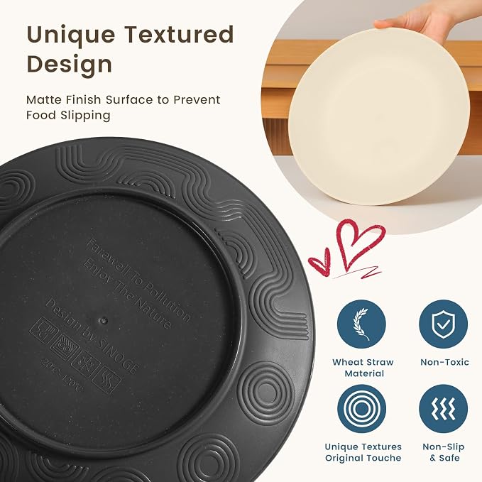 Wheat Straw Dinnerware Set - Dinner Plates, Cereal Bowls, Drinking Cups Set, Unbreakable 16 PCS Dish Set, Microwave and Dishwasher Safe Dishes for Home, Outdoor - Grey Stone