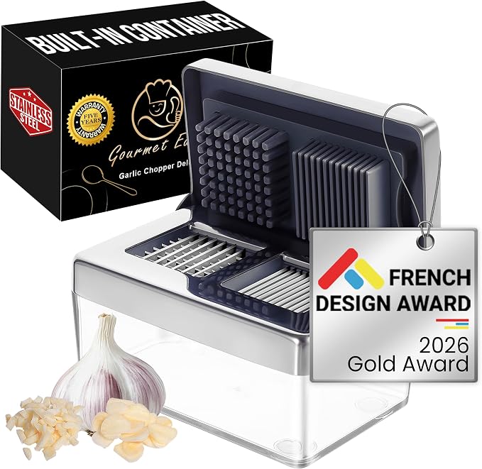 Gourmet Easy Garlic Press Chopper, 2-in-1 Slicer & Dicer, Fridge Friendly | Airtight Container Keeps Garlic and Ginger Fresh, Cleaning Sieve Included, Stainless Steel, Dishwasher Safe, 5-Year Warranty