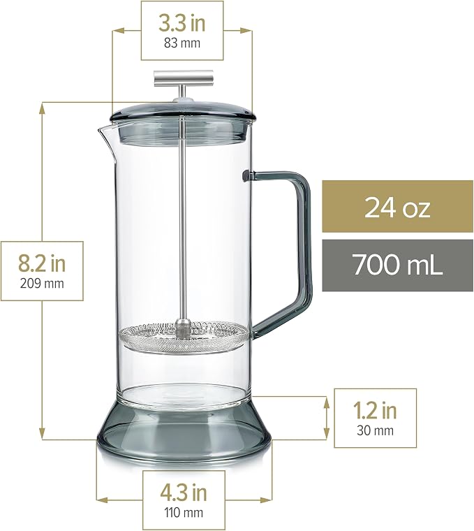Teabloom Toulouse Borosilicate Glass Tea Press and Coffee Maker with No Plastic, 24-Ounce (700 mL) - Dusk Grey