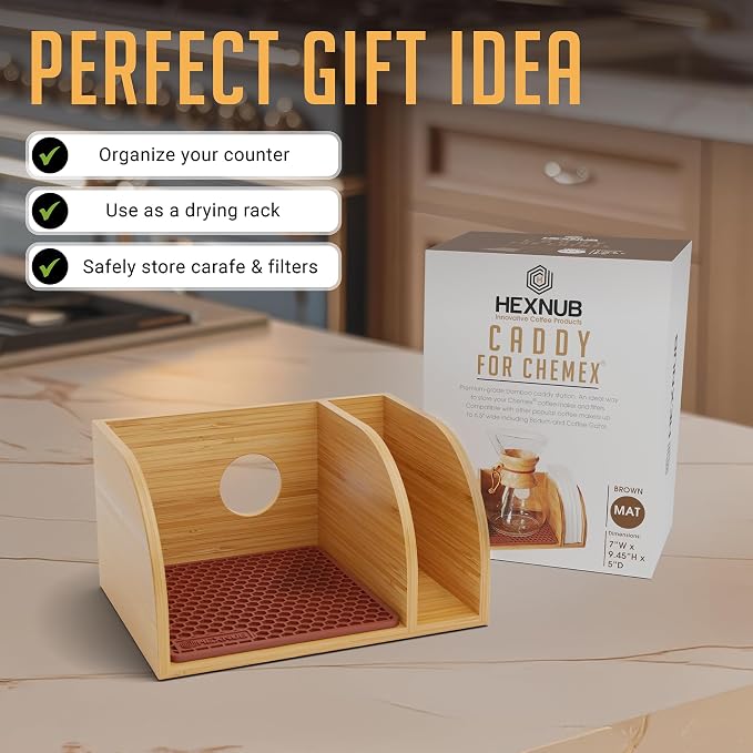 Pour Over Caddy for Chemex Bodum Cosori Coffee Makers Brown | Handmade Bamboo Stand, Filter Holder, Heatproof Mat for a Cleaner Coffee Station